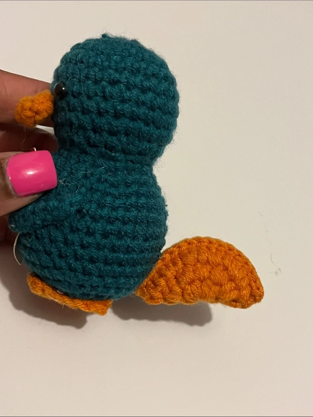 Hand Crafted Teal Plush Bird with Orange Beak and Heart